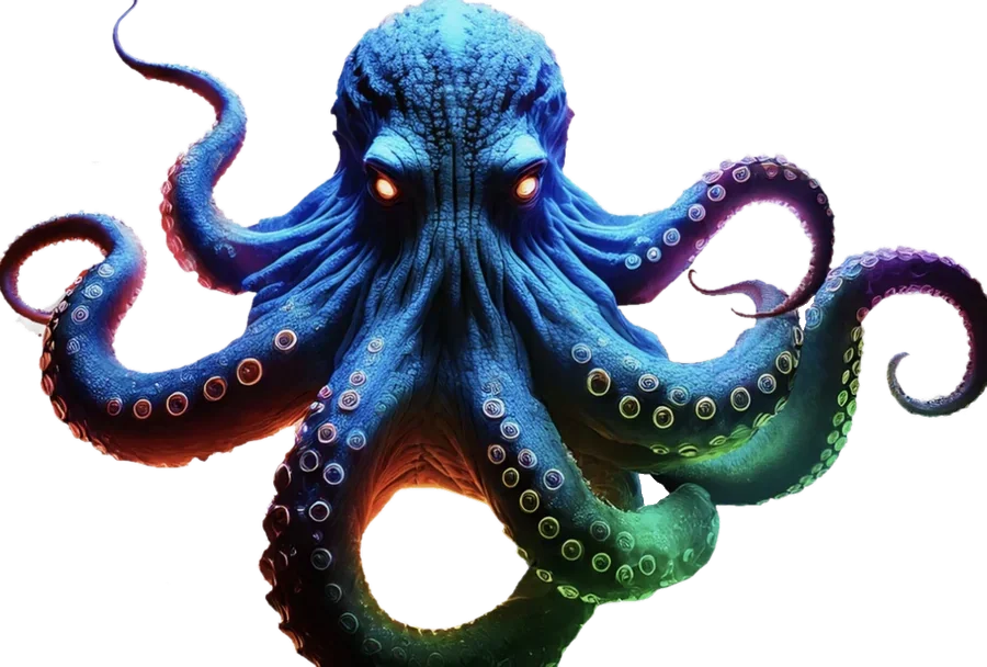 The Kraken octopus mascot in blue, purple, orange and green