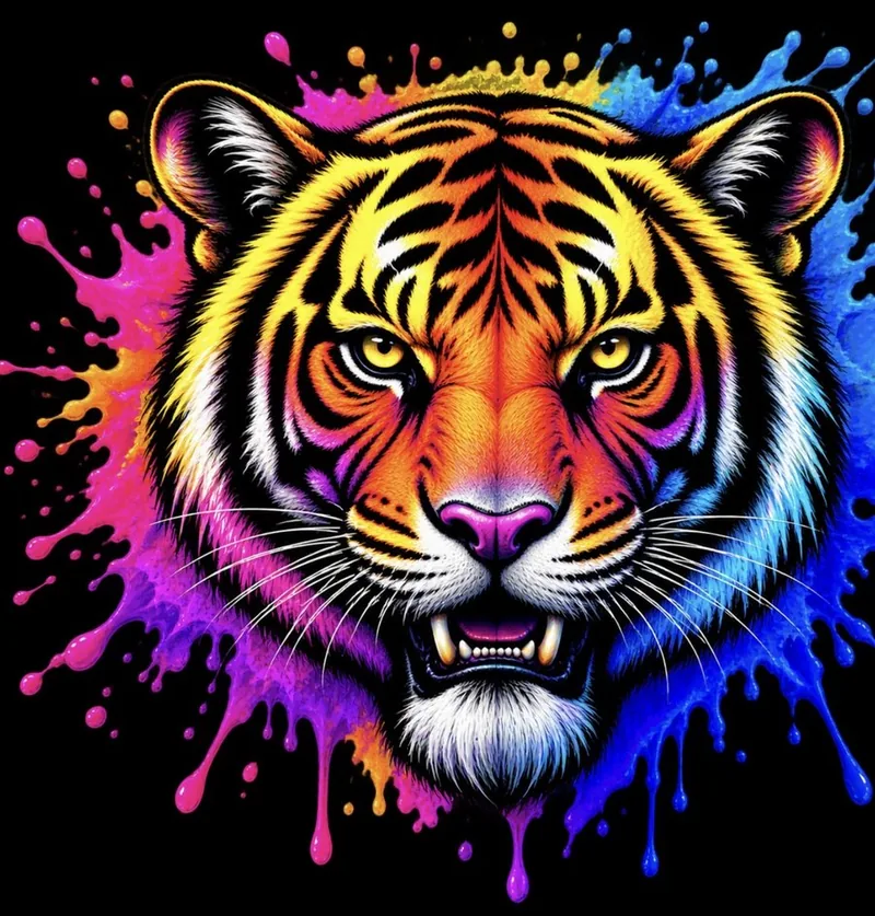 Neon tiger artwork with pink, orange and blue ink splashes