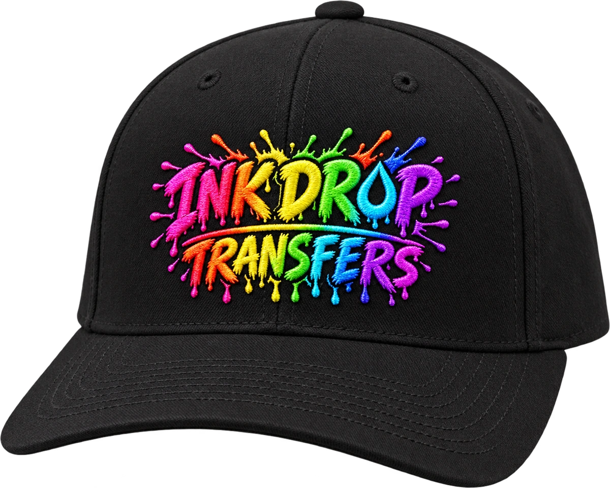 Concept mockup of a black cap with the colorful InkDrop Transfers logo rendered as embroidery