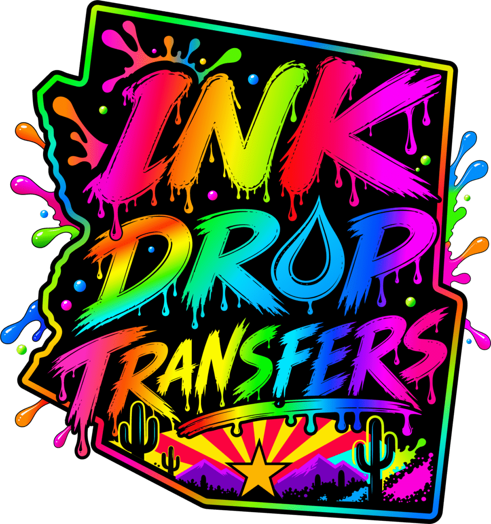 Original InkDrop Transfers logo inside the outline of Arizona, with desert scenery and rainbow ink